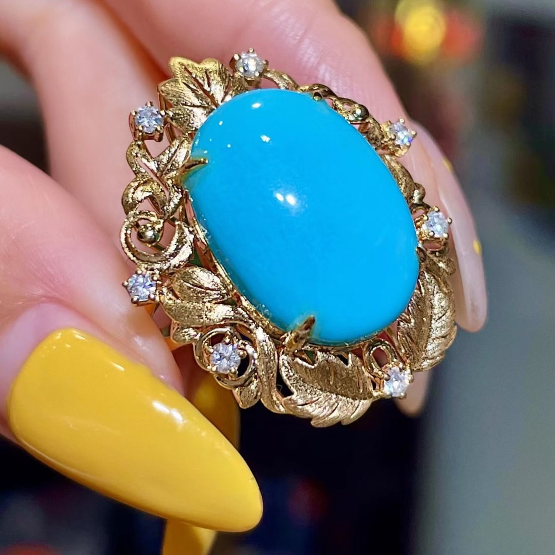 14k Gold 9.36 Ctw Natural Blue Turquoise & Diamond Ring - 2