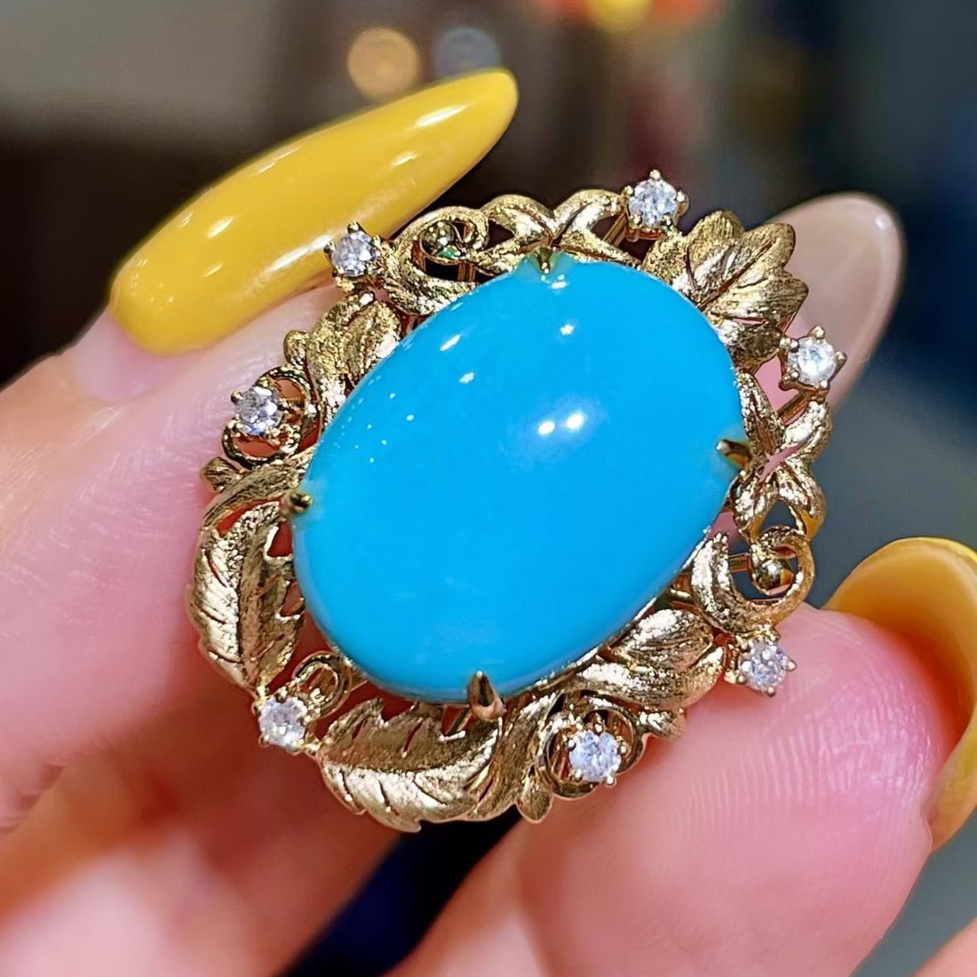 14k Gold 9.36 Ctw Natural Blue Turquoise & Diamond Ring - 3