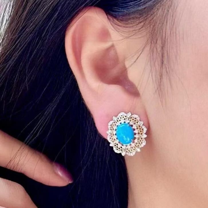 14k Gold 3.59 Ctw Natural Blue Turquoise & Diamond Earrings - 4