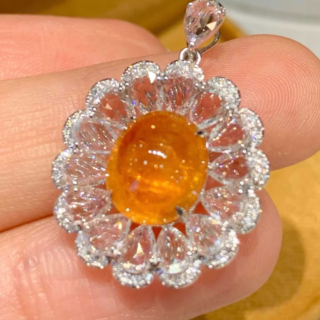 14k Gold 5.2 Ct Natural Spessartine & Sapphire & Diamond Pendant( Without Chain ) - 2