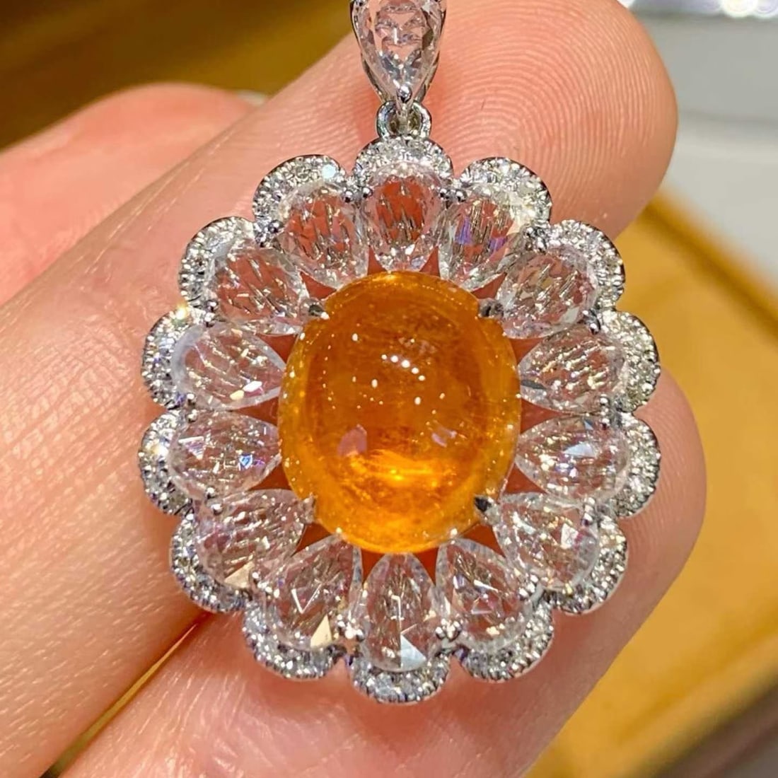 14k Gold 5.2 Ct Natural Spessartine & Sapphire & Diamond Pendant( Without Chain ) - 3