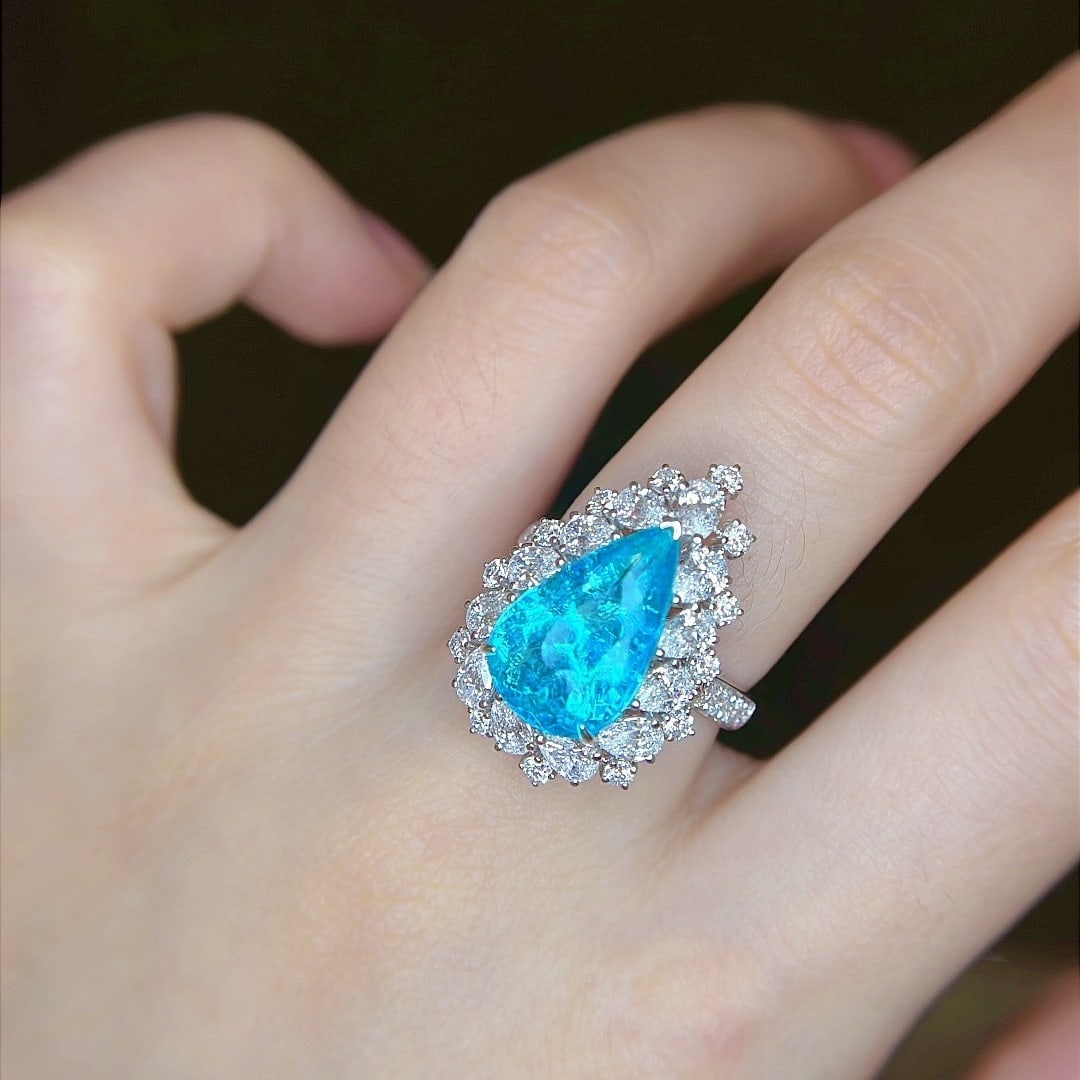 14k Gold 7.2 Ctw Natural Paraiba Tourmaline & Diamond Ring - 7