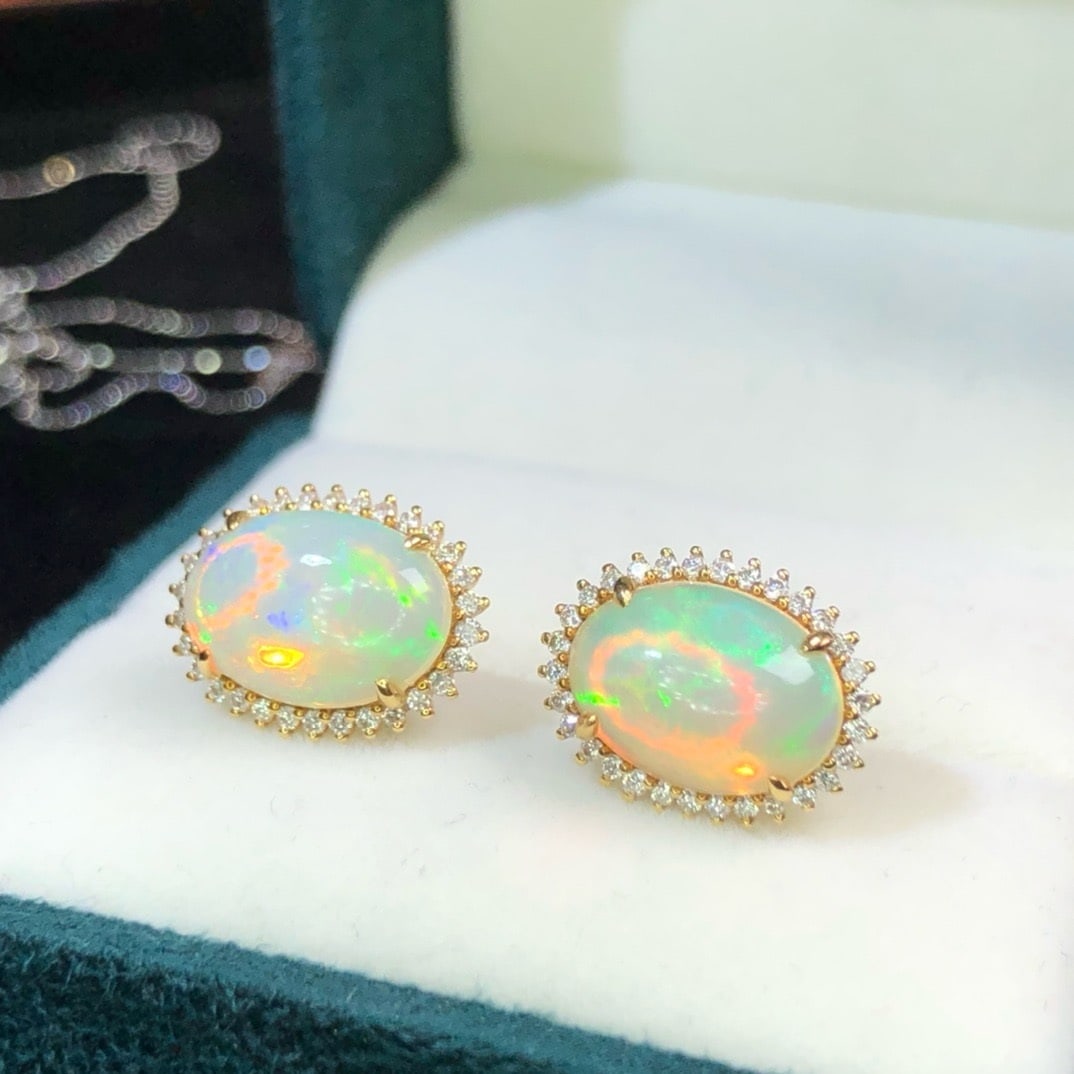 14k Gold 3.0 Ct Natural Opal & Diamond Earrings - 5