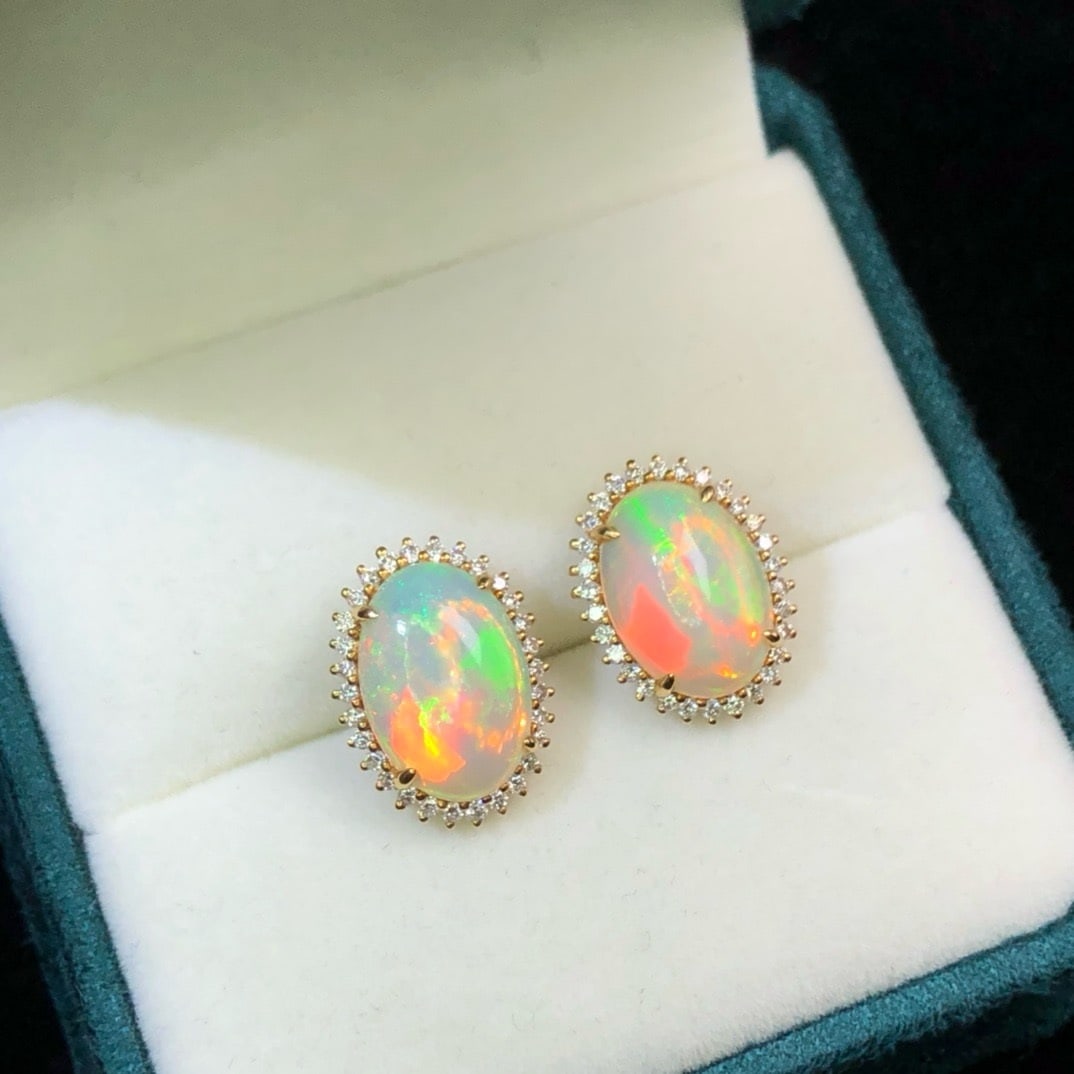 14k Gold 3.0 Ct Natural Opal & Diamond Earrings - 8