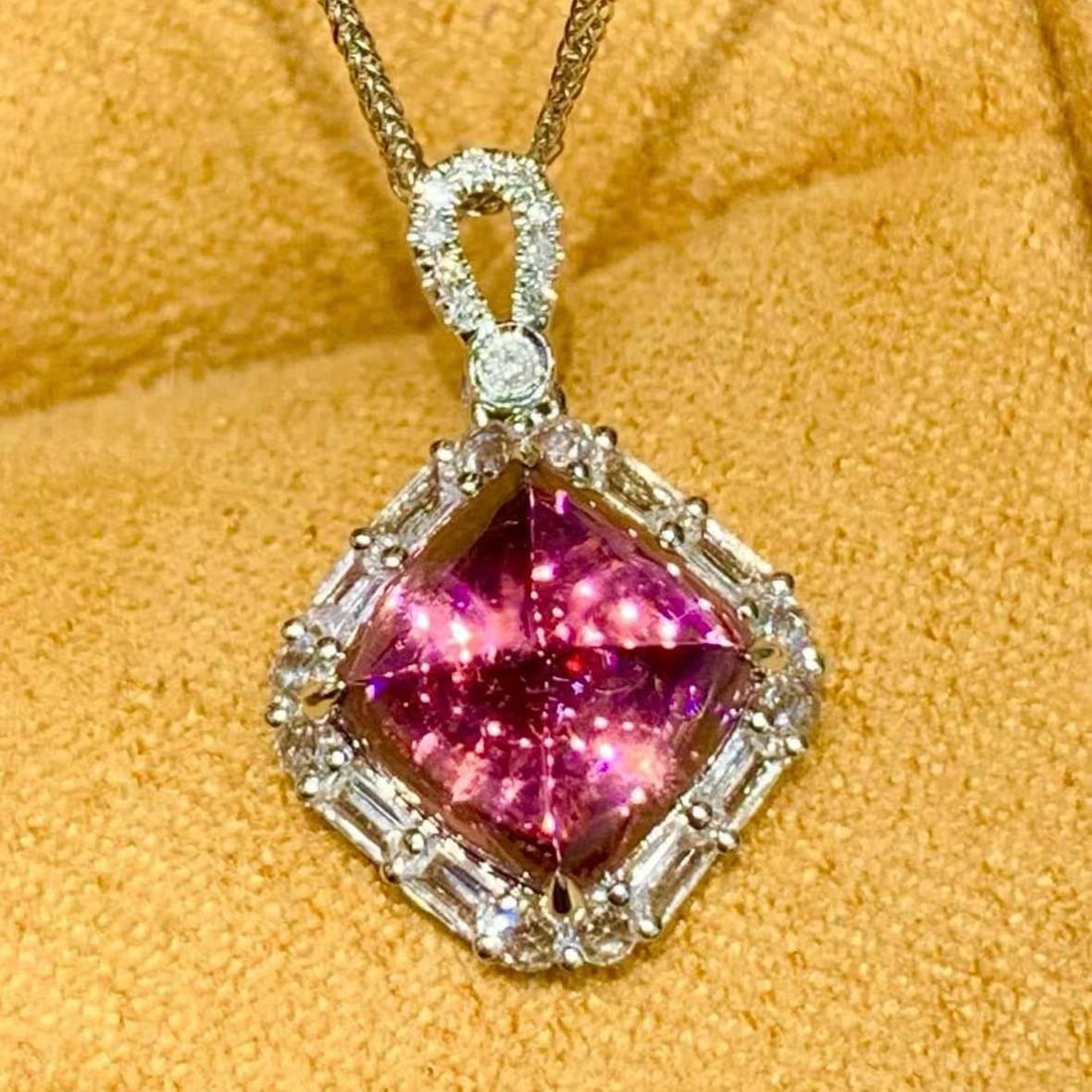 14k Gold 3 Ct Natural Tourmaline & Diamond & Sapphire Pendant( Without Chain ) - 2