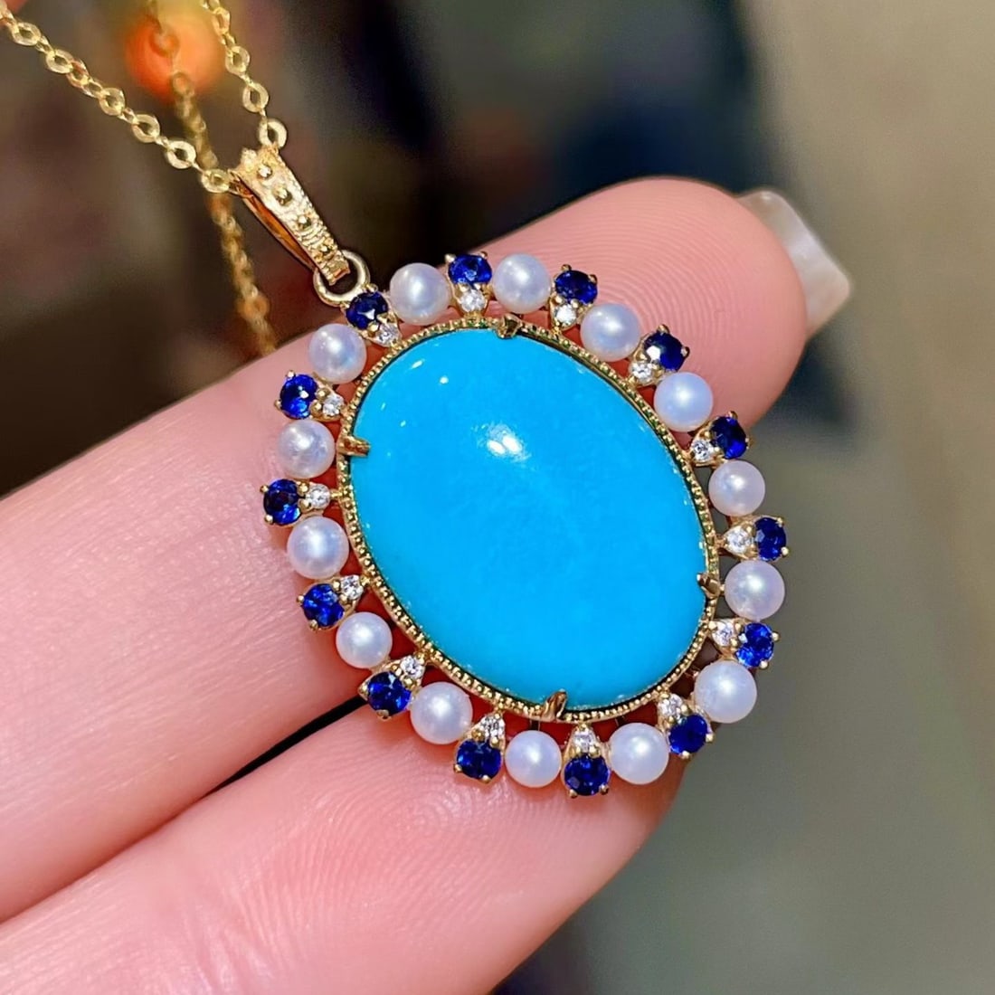 14k Gold 6.80 Ctw Natural Blue Turquoise & Sapphire Pendant( Without Chain ) - 2
