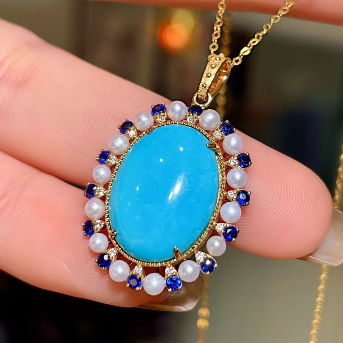 14k Gold 6.80 Ctw Natural Blue Turquoise & Sapphire Pendant( Without Chain ) - 3
