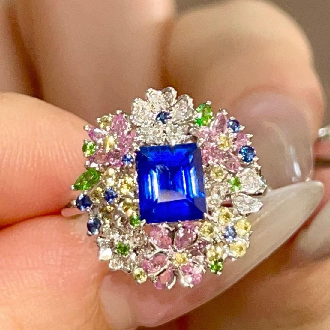 14k Gold 1.6 Ct Natural Sapphire & Diamond & Coloured Gemstone Ring: Ref:231182211 // gold content:14k gold // ring size:7. 25us // // main gemstone:sapphire // shape:rectangle // carat weight:1. 6ct // color:blue // treatment:natural // // adjacent gemstone 2 :