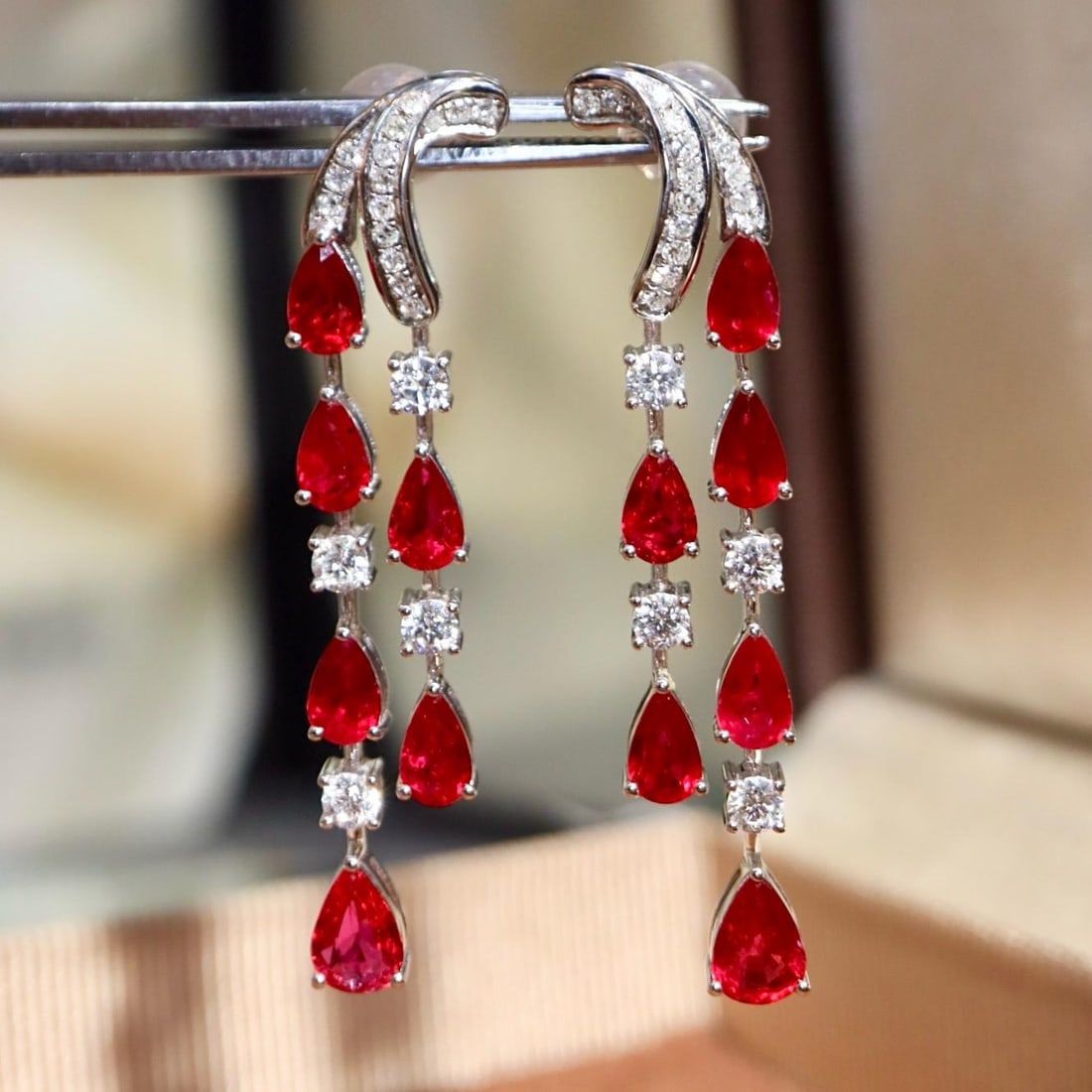 14k Gold 3.99 Ctw Natural Ruby & Diamond Earrings: Ref:231182212 // gold content:14k gold // main gemstone:ruby // shape:pear // carat weight:3. 42ct // clarity grade:vs2 // color:red // treatment:natural // // adjacent gemstone 2 : diamond // shape:r