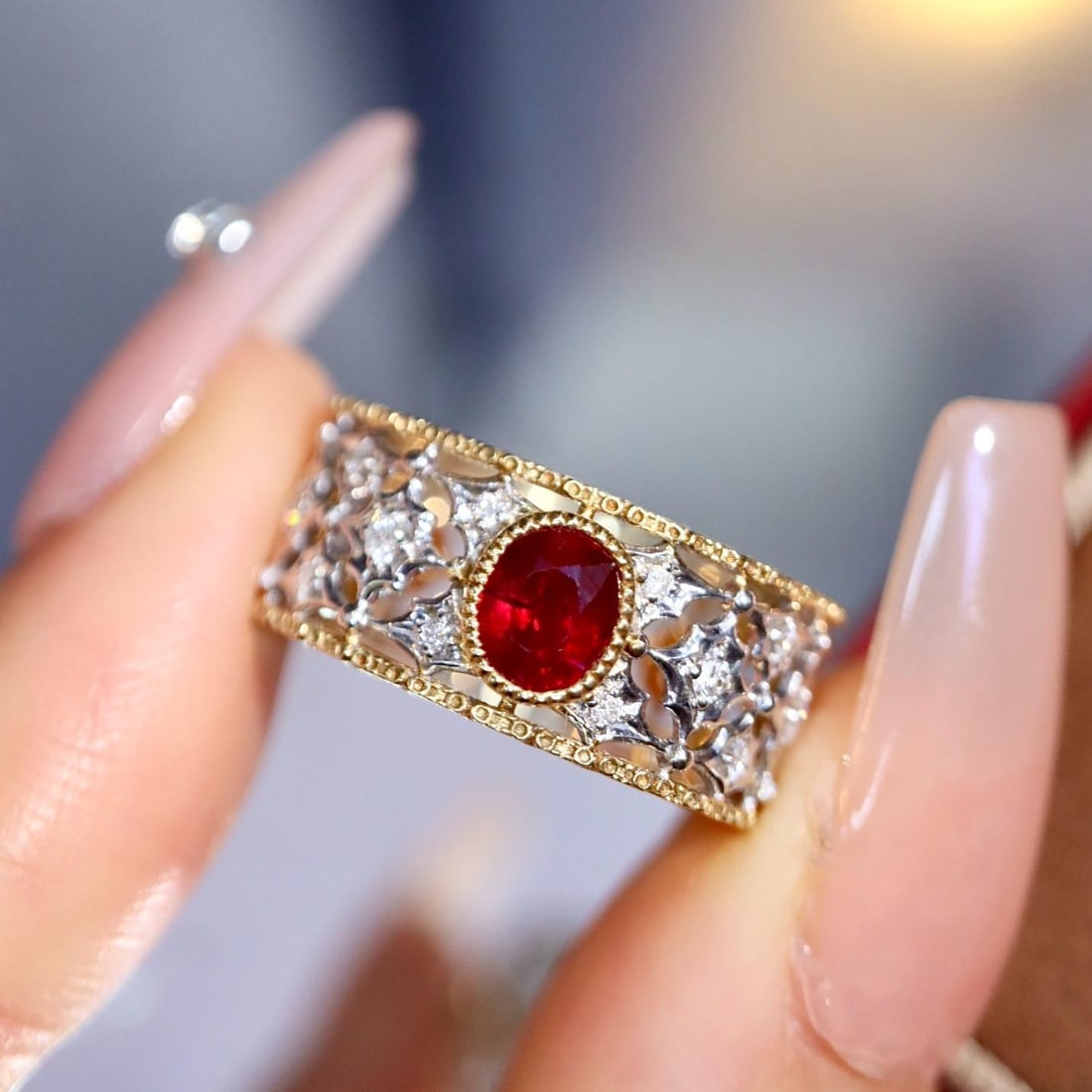 14k Gold 1.16 Ctw Natural Ruby & Diamond Ring: Ref:231182215 // gold content:14k gold // ring size:7. 25us // // main gemstone:ruby // shape:oval // carat weight:0. 86ct // clarity grade:vs2 // color:red // treatment:natural // // adjacent