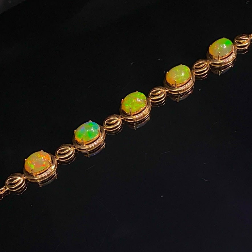 14k Gold 4.05 Ct Natural Opal & Diamond Bracelet - 4