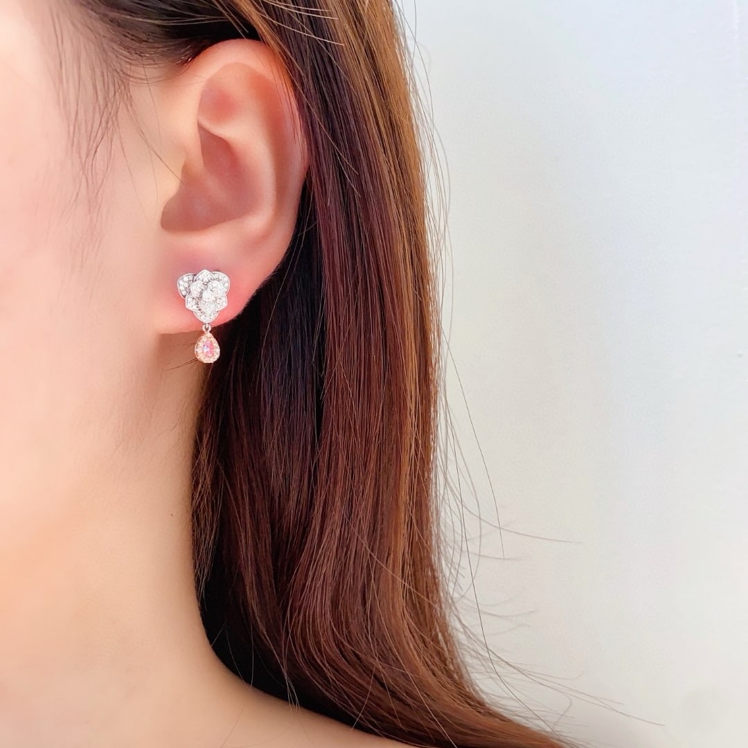 14k Gold 0.66 Ctw Natural Pink Diamond & Diamond & Flowers Earrings - 2