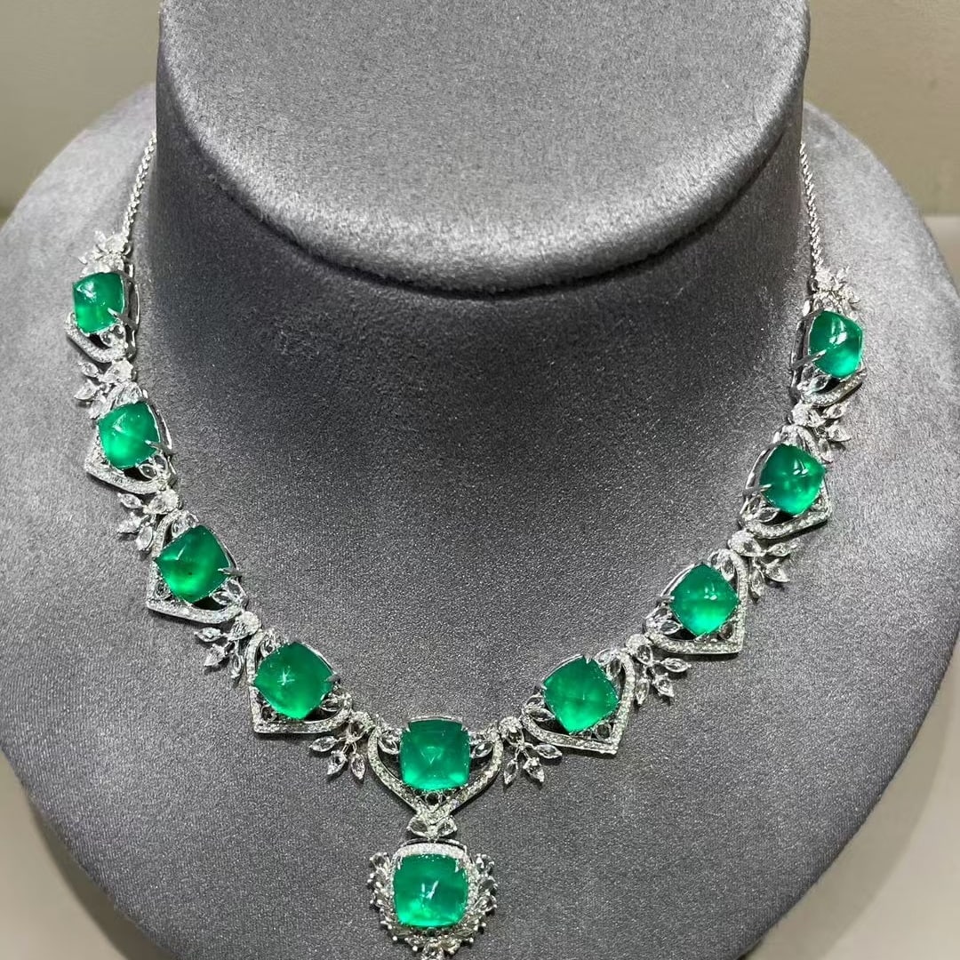 14k Gold 22.1 Ct Natural Emerald & Diamond & Sapphire Necklace - 5
