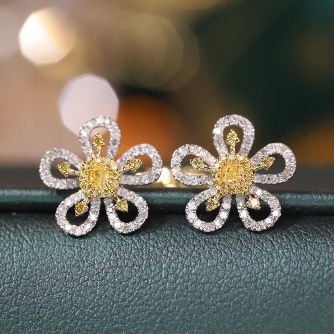 14k Gold 0.60 Ctw Natural Yellow Diamond & Diamond & Flowers Earrings: Ref:231182242 // gold content:14k gold // main gemstone:yellow diamond // shape:cushion // carat weight:0. 14ct // color:yellow // treatment:natural // // adjacent gemstone 2 : diamond // shape:round