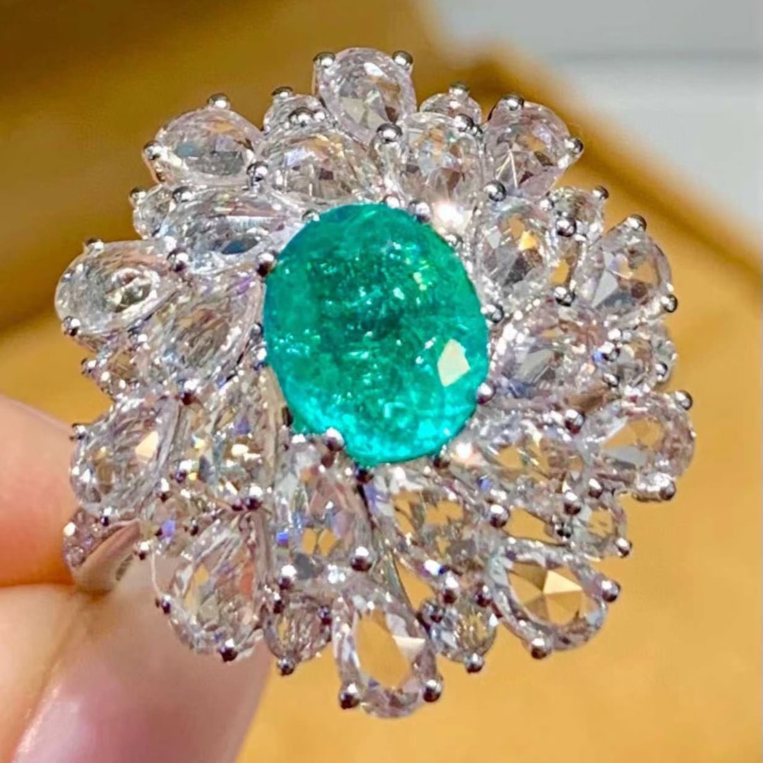 14k Gold 1.2 Ct Natural Paraiba Tourmaline & Diamond & Sapphire Ring: Ref:231182251 // gold content:14k gold // ring size:7. 25us // // main gemstone:paraiba tourmaline // shape:oval // carat weight:1. 2ct // color:bluish green // treatment:natural // // adjacent