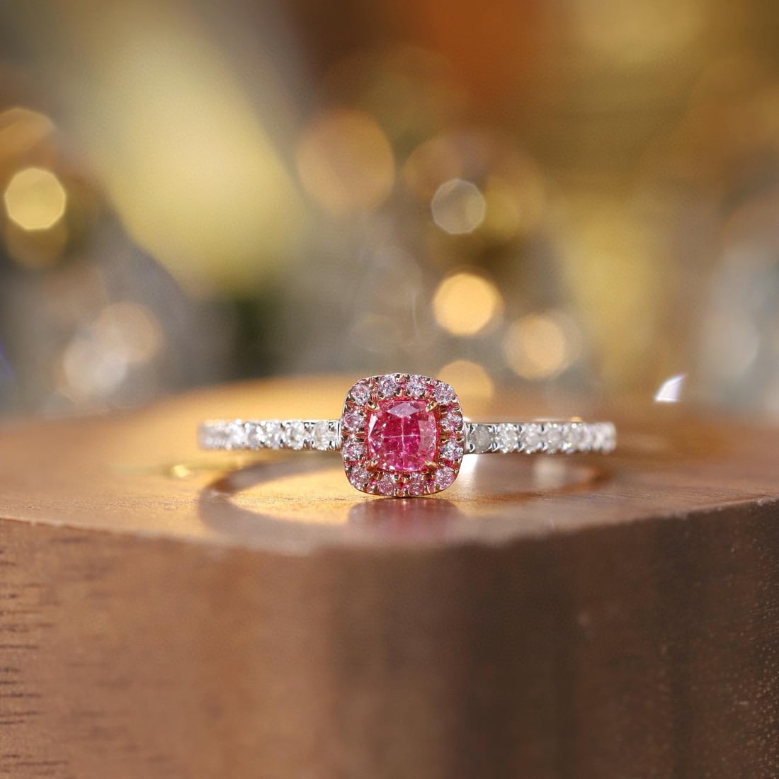 14k Gold 0.40 Ctw Natural Pink Diamond & Diamond Ring: Ref:231182273 // gold content:14k gold // ring size:7. 25us // // main gemstone:pink diamond // shape:cushion // carat weight:0. 20ct // color:pink // treatment:natural // // adjacent gemstone 2 :
