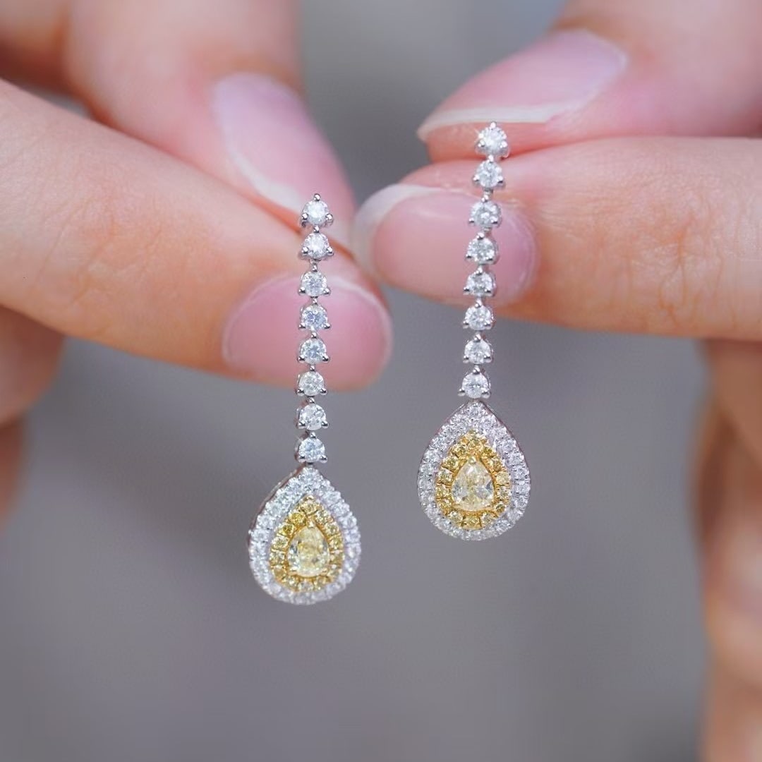 14k Gold 1.00 Ctw Natural Yellow Diamond & Diamond Earrings - 2