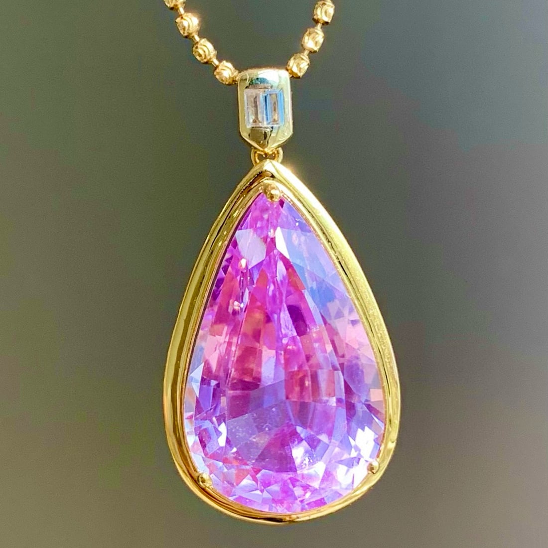 14k Gold 22.6 Ct Natural Kunzite & Sapphire Pendant( Without Chain ) - 2