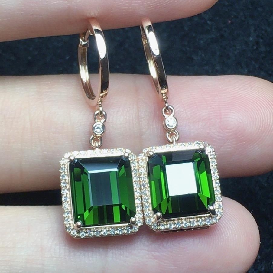 14k Gold 7.28 Ct Natural Tourmaline & Diamond Earrings: Ref:231182292 // gold content:14k gold // main gemstone:tourmaline // shape:octagonal // carat weight:7. 28ct // color:green // treatment:natural // // adjacent gemstone 2 : diamond // number of stone