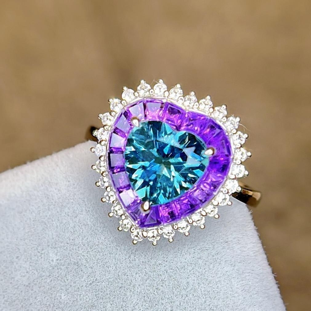 14k Gold 1.71 Ctw Natural Aquamarine & Sapphire Ring: Ref:231182294 // gold content:14k gold // ring size:7. 25us // // main gemstone:aquamarine // shape:heart // carat weight:1. 36ct // color:blue // treatment:natural // // adjacent gemstone 2 :
