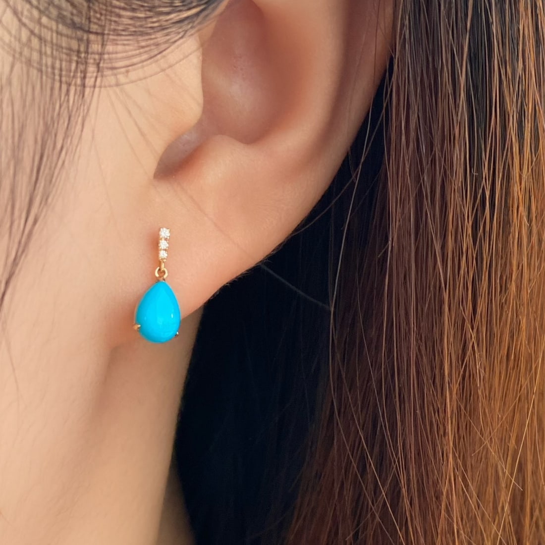 14k Gold 1.54 Ctw Natural Blue Turquoise & Diamond Earrings - 2