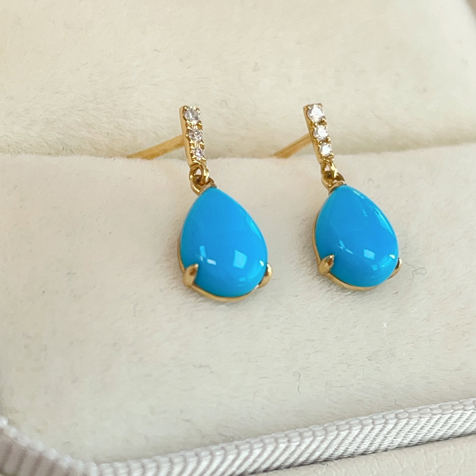 14k Gold 1.54 Ctw Natural Blue Turquoise & Diamond Earrings - 3