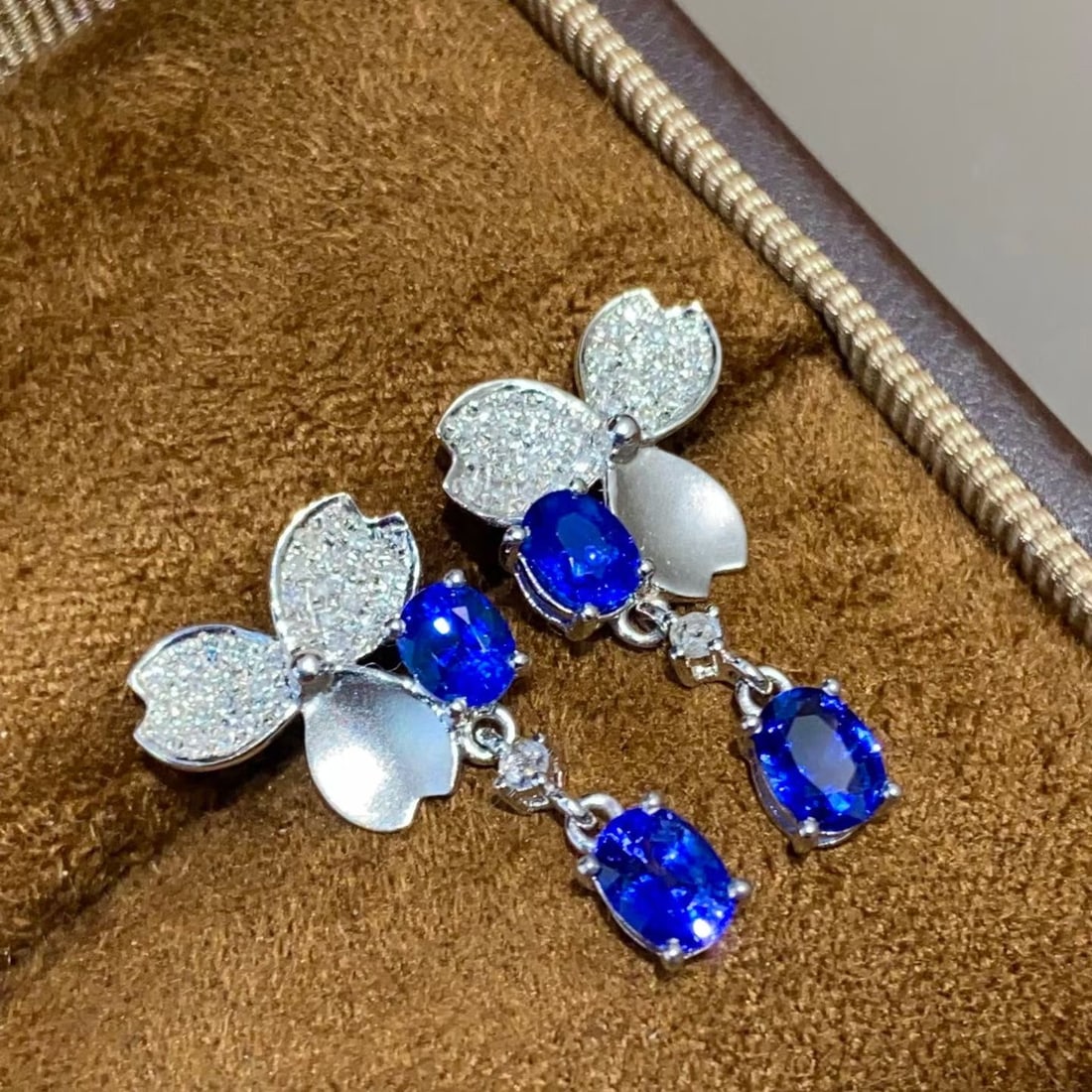 14k Gold 1.3 Ct Natural Sapphire & Diamond Earrings - 2