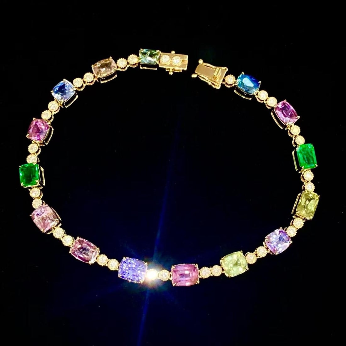 14k Gold 10.15 Ct Natural Sapphire & Emerald & Diamond Bracelet: Ref:231182311 // gold content:14k gold // main gemstone:sapphire & emerald // shape:cushion & octagonal // carat weight:10. 15ct // color:color // treatment:natural // // adjacent gemstone 2 : diamond