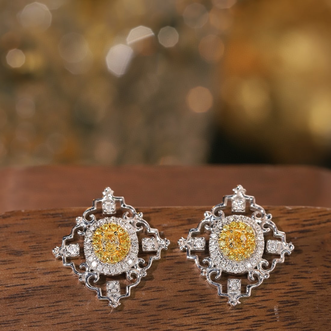 14k Gold 0.40 Ctw Natural Yellow Diamond & Diamond Earrings - 5