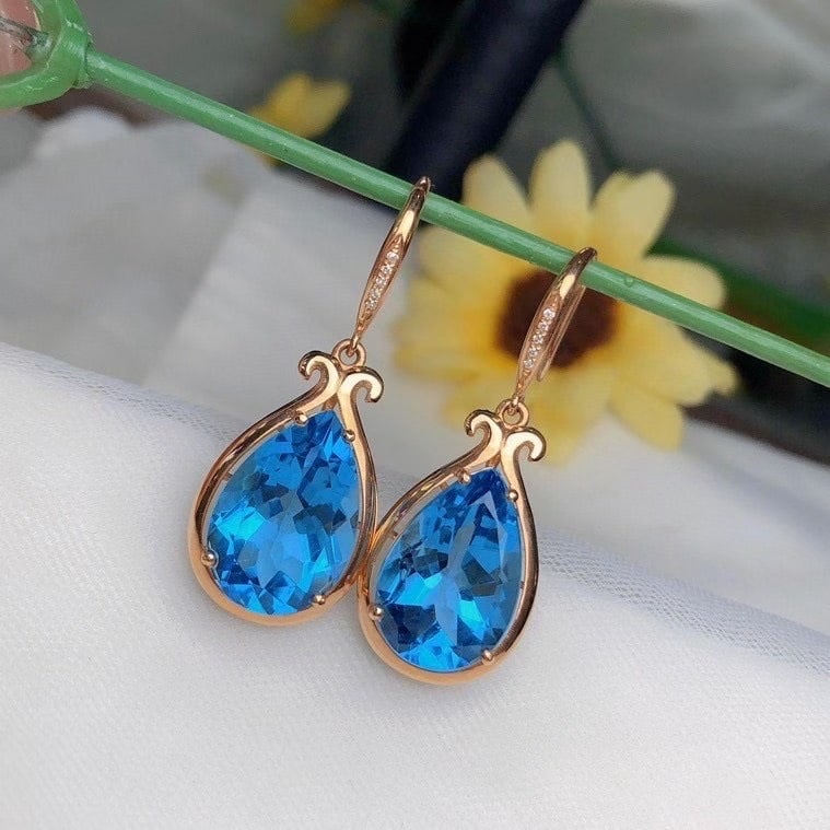 14k Gold 13.88 Ct Natural Topaz & Diamond Earrings - 2