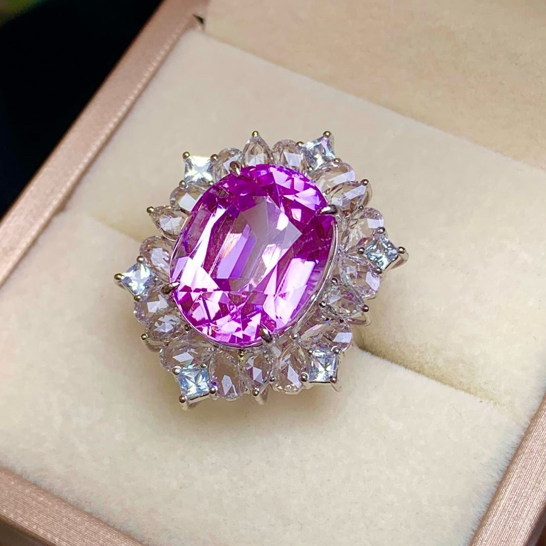 14k Gold 20.2 Ct Natural Kunzite & Sapphire Ring - 5