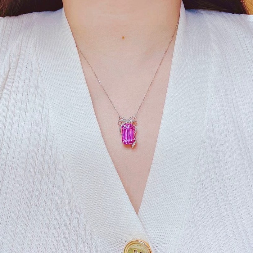 14k Gold 15.83 Ctw Natural Kunzite & Diamond Necklace - 2