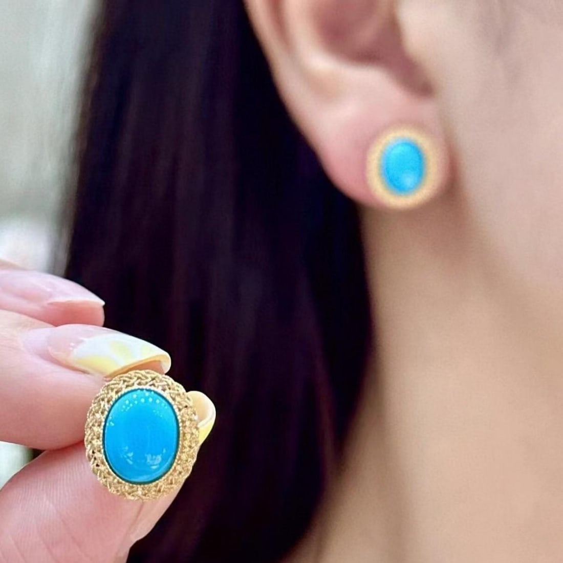 14k Gold 8.86 Ct Natural Blue Turquoise Earrings - 4