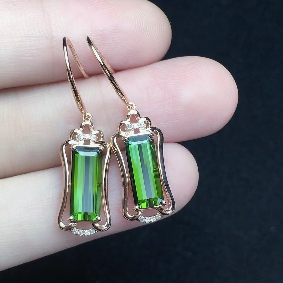 14k Gold 3.36 Ct Natural Tourmaline & Diamond Earrings - 2