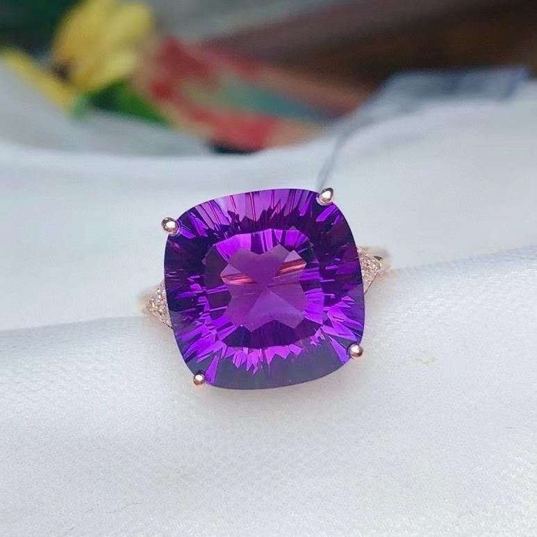 14k Gold 8.30 Ct Natural Amethyst & Diamond Ring: Ref:231182347 // gold content:14k gold // ring size:7. 25us // // main gemstone:amethyst // shape:cushion // carat weight:8. 30ct // color:purple // treatment:natural // // adjacent gemstone 2 :