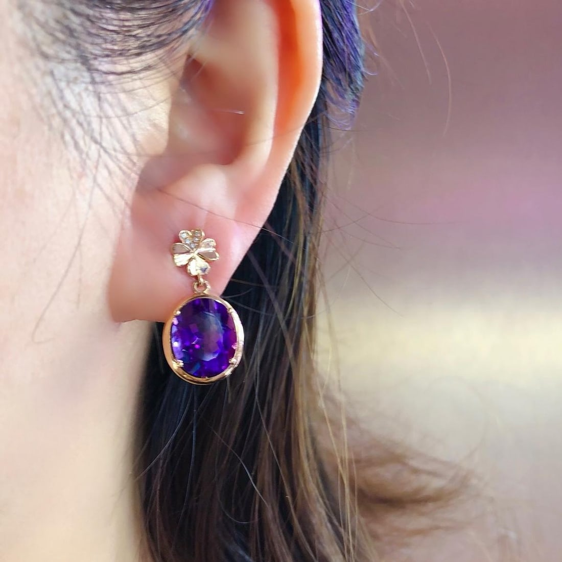 14k Gold 7.25 Ct Natural Amethyst & Diamond Earrings - 4