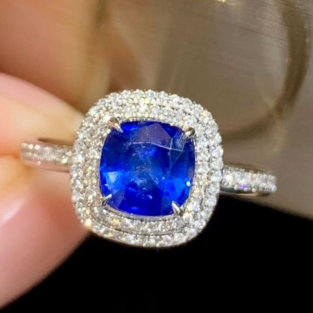 14k Gold 1.5 Ct Natural Sapphire & Diamond Ring: Ref:231182350 // gold content:14k gold // ring size:7. 25us // // main gemstone:sapphire // shape:cushion // carat weight:1. 5ct // color:blue // treatment:natural // // adjacent gemstone 2 : diamond
