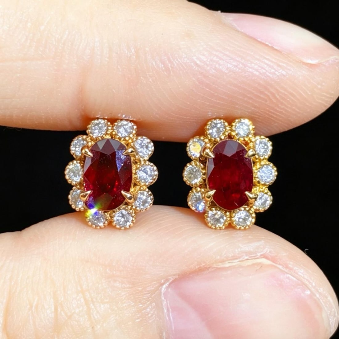 14k Gold 1.45 Ctw Vivid Red Natural Ruby & Diamond Earrings: Ref:231182353 // gold content:14k gold // main gemstone:ruby // shape:oval // carat weight:1. 1ct // color:vivid red // treatment:natural // // adjacent gemstone 2 : diamond // shape:round // carat