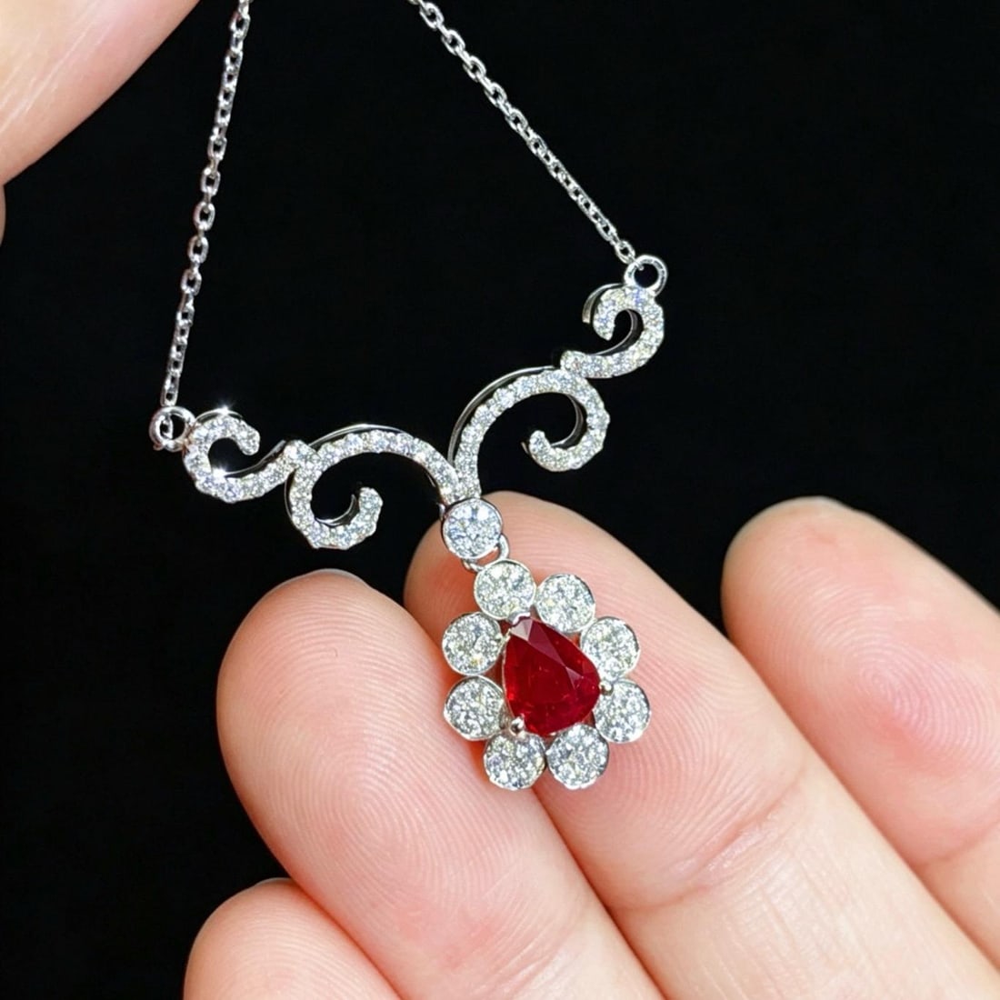 14k Gold 1.35 Ctw Vivid Red Natural Ruby & Diamond Necklace: Ref:231182357 // gold content:14k gold // main gemstone:ruby // shape:pear // carat weight:0. 96ct // color:vivid red // treatment:natural // // adjacent gemstone 2 : diamond // shape:round // carat w