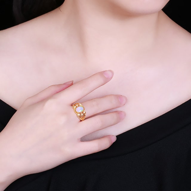 14k Gold 0.90 Ctw Natural Opal & Diamond Ring - 5