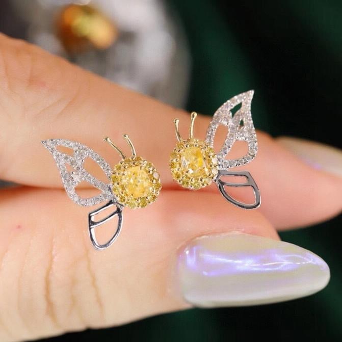 14k Gold 0.70 Ctw Natural Yellow Diamond & Diamond & Butterfly Earrings: Ref:231182364 // gold content:14k gold // main gemstone:yellow diamond // shape:oval // carat weight:0. 36ct // color:yellow // treatment:natural // // adjacent gemstone 2 : diamond // shape:round //