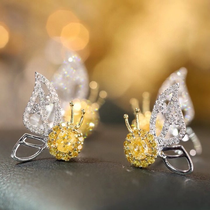 14k Gold 0.70 Ctw Natural Yellow Diamond & Diamond & Butterfly Earrings - 4