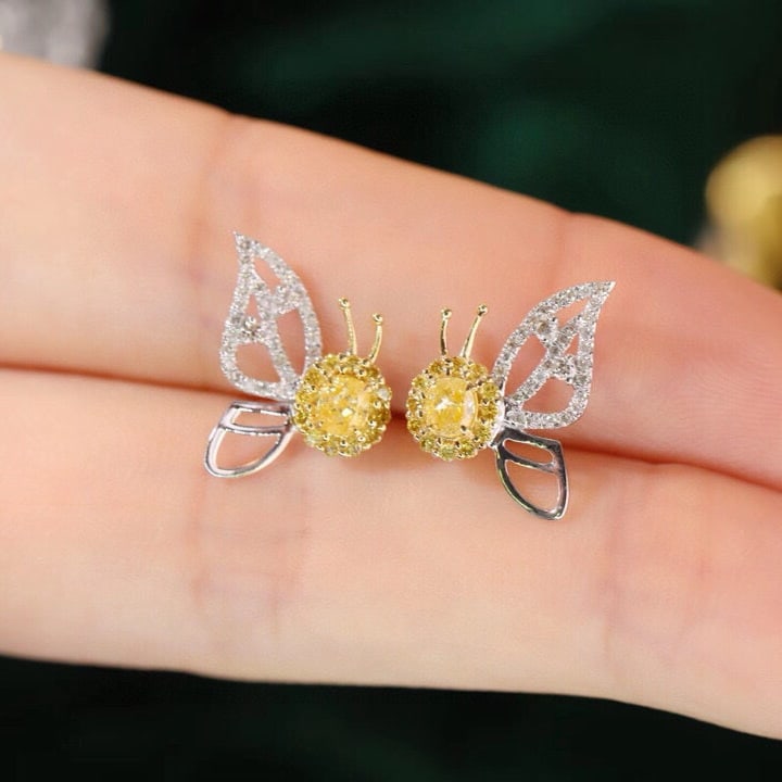 14k Gold 0.70 Ctw Natural Yellow Diamond & Diamond & Butterfly Earrings - 6