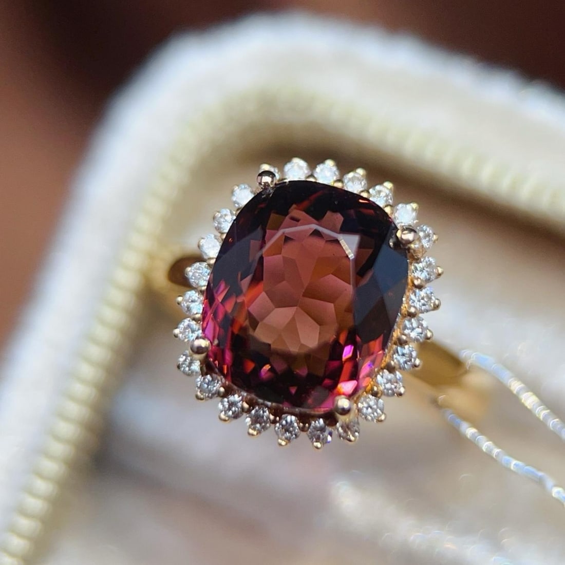14k Gold 5.91 Ctw Natural Tourmaline & Diamond Ring: Ref:231182382 // gold content:14k gold // ring size:7. 25us // // main gemstone:tourmaline // shape:cushion // carat weight:5. 65ct // color:red // treatment:natural // // adjacent gemstone 2 :