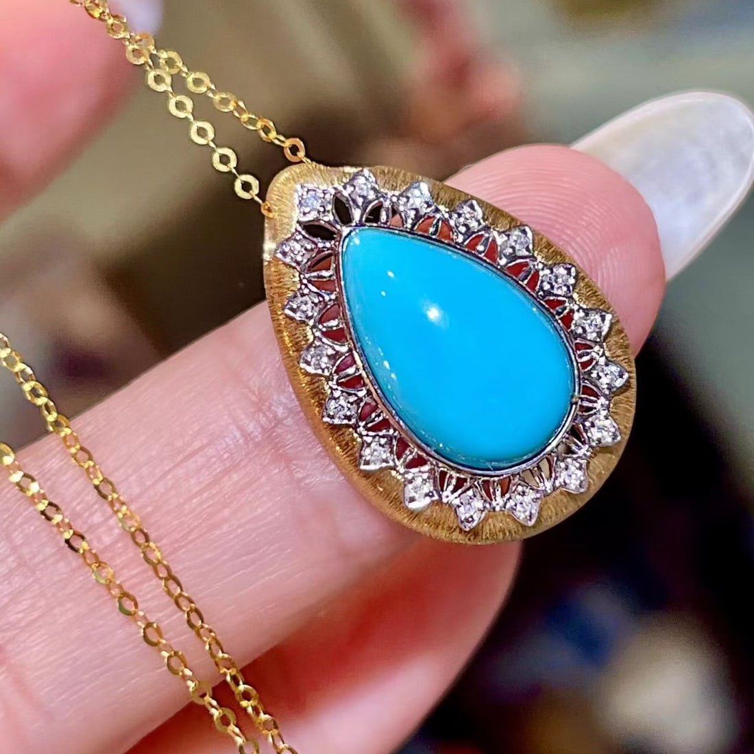 14k Gold 2.98 Ctw Natural Blue Turquoise & Diamond Pendant( Without Chain ) - 2