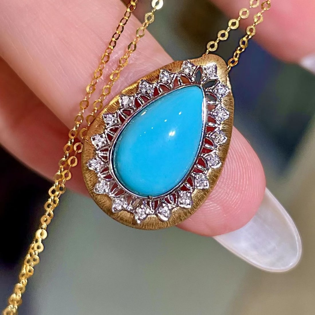 14k Gold 2.98 Ctw Natural Blue Turquoise & Diamond Pendant( Without Chain ) - 3