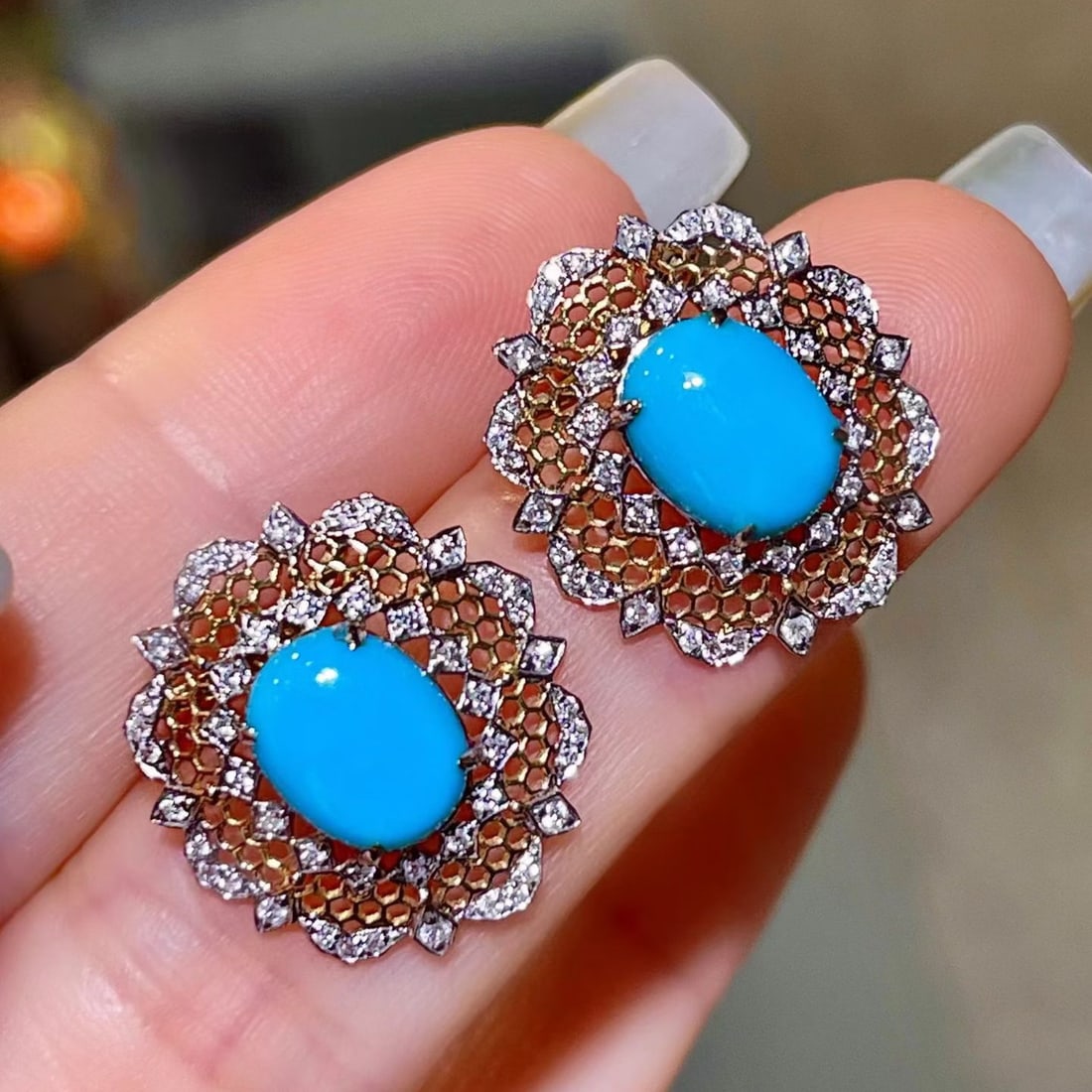 14k Gold 3.59 Ctw Natural Blue Turquoise & Diamond Earrings - 2