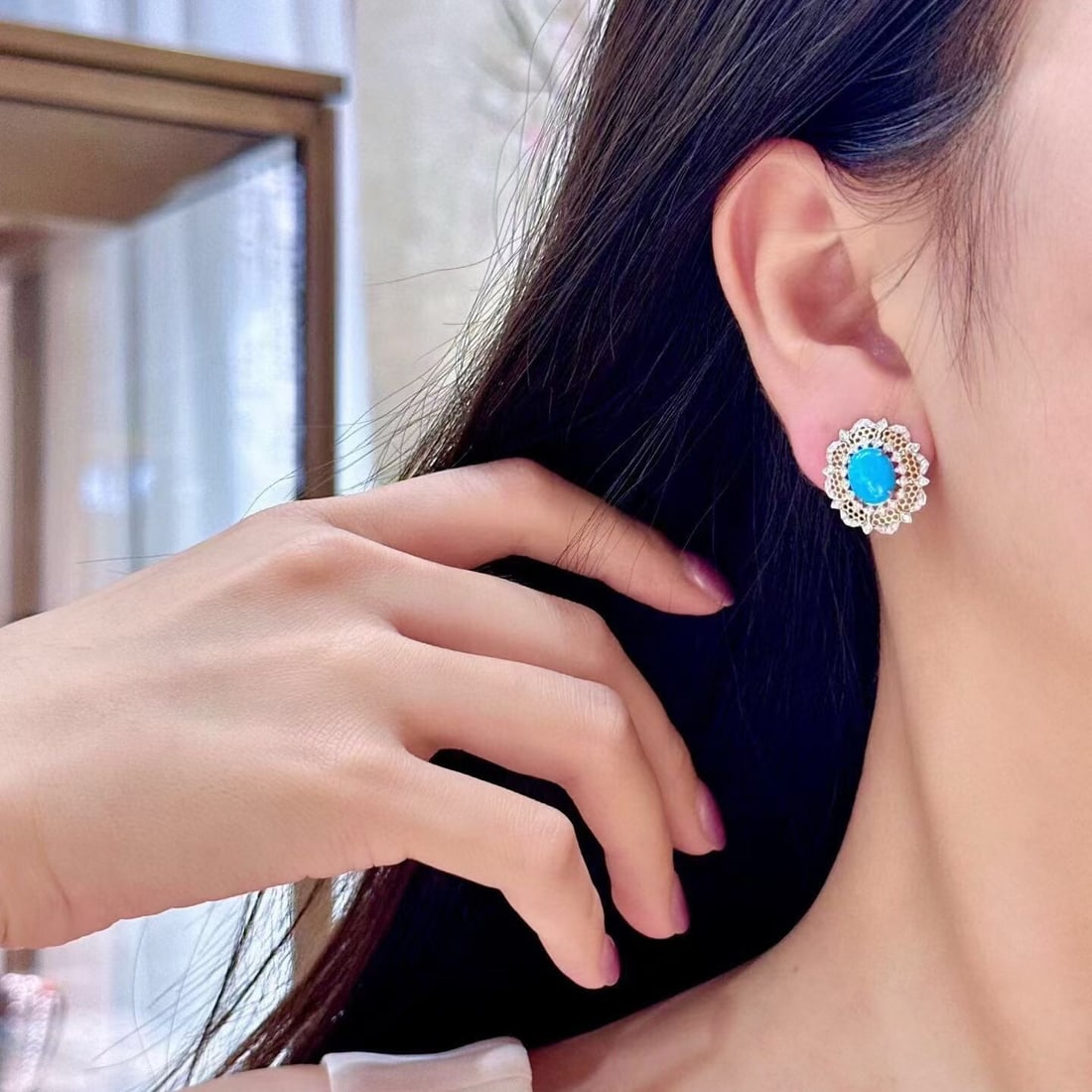 14k Gold 3.59 Ctw Natural Blue Turquoise & Diamond Earrings - 4