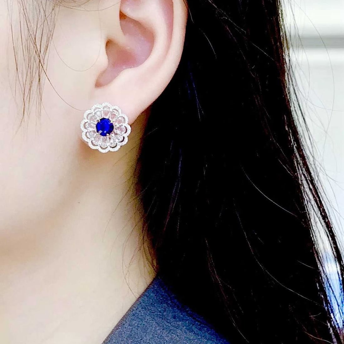 14k Gold 2.2 Ct Natural Sapphire & Diamond & Sapphire Earrings - 4