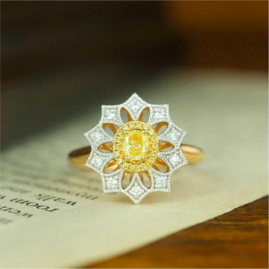 14k Gold 0.43 Ctw Natural Yellow Diamond & Diamond Ring: Ref:231182413 // gold content:14k gold // ring size:7. 25us // // main gemstone:yellow diamond // shape:oval // carat weight:0. 25ct // color:yellow // treatment:natural // // adjacent gemstone 2 : di